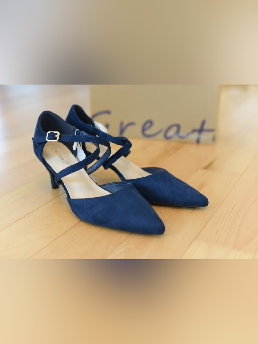 Greatonu Navy Pointed Toe Strappy Kitten Heel Pumps size 9 navy blue